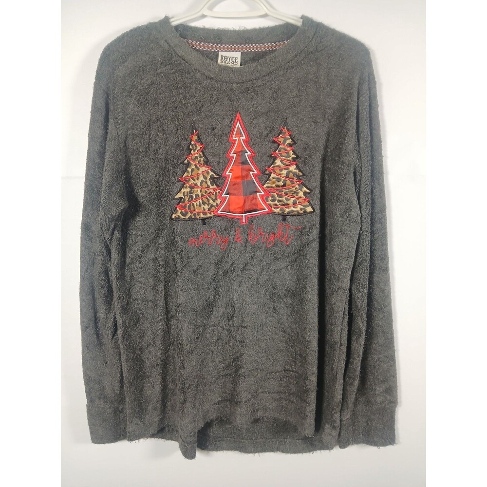 Royce Brand Merry & Bright Christmas Sweater Medium Cheetah Plaid Pine Trees EUC